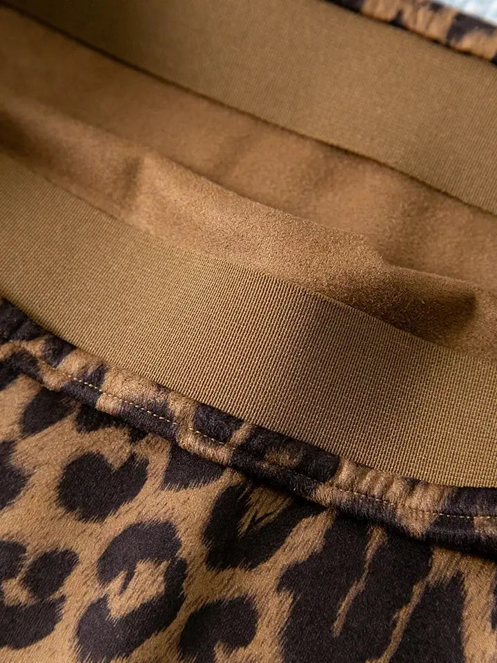 SK81Y Autumn Suede-Like Leopard High Waist A-Line Midi Skirt
