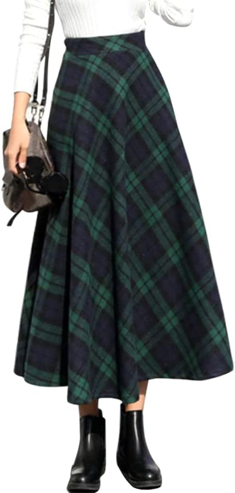 Women's Plaid Wool Skirts Elastic Waist A-Line Pleated Tartan Long Skirts