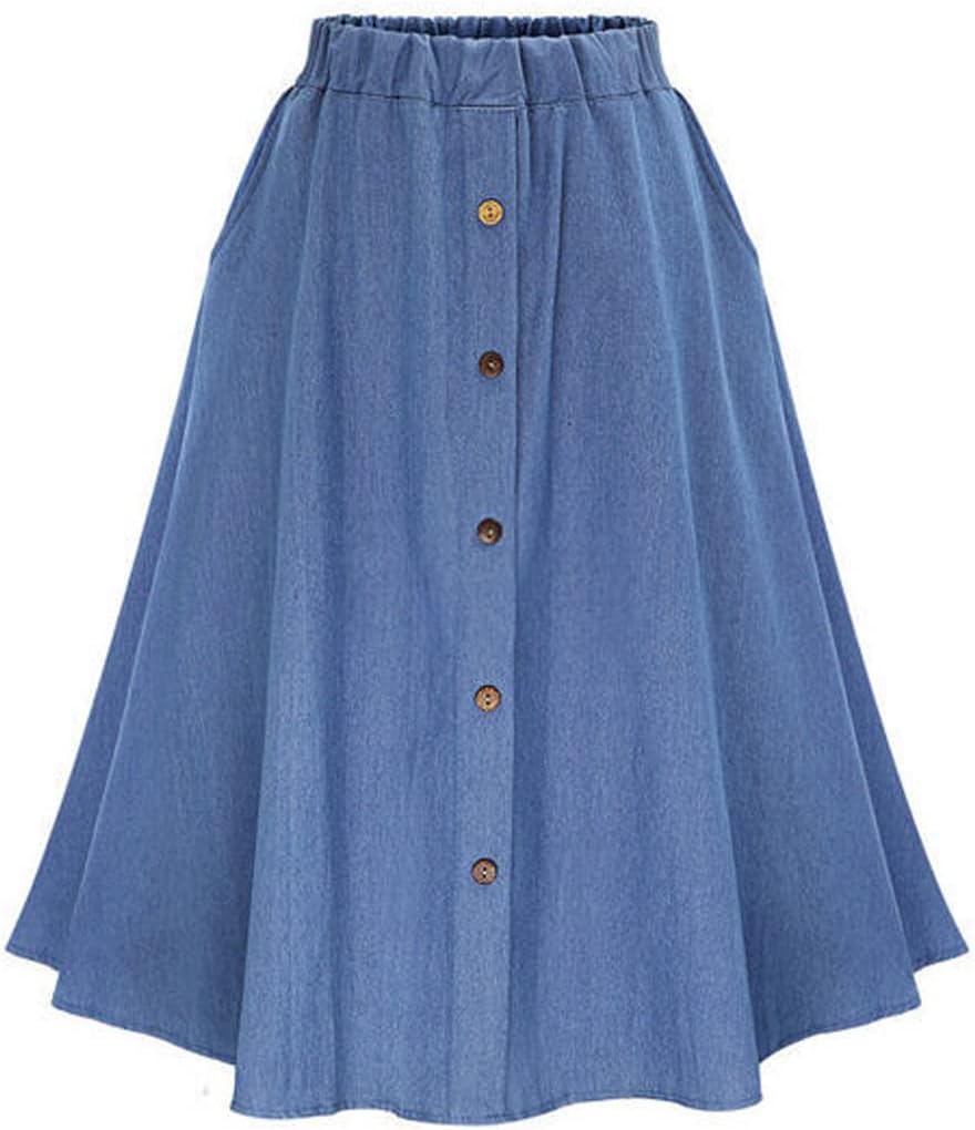 Women's Stretchy High Waist 5-Buttons Front A-Line Flowy Midi Skirts