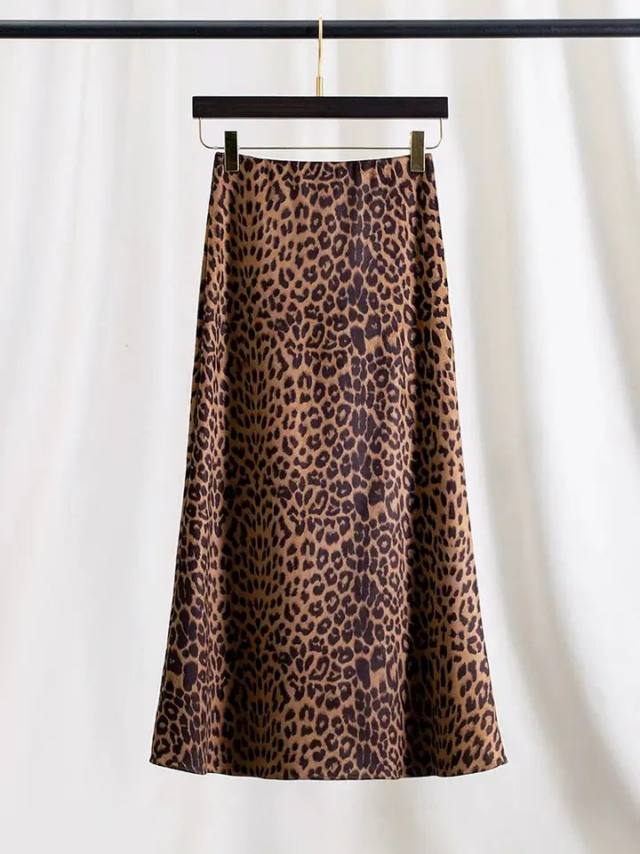 SK81Y Autumn Suede-Like Leopard High Waist A-Line Midi Skirt