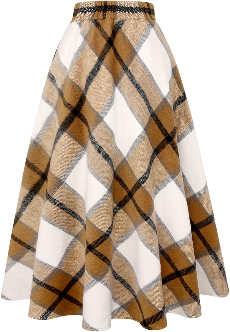 Women's Plaid Wool Skirts Elastic Waist A-Line Pleated Tartan Long Skirts