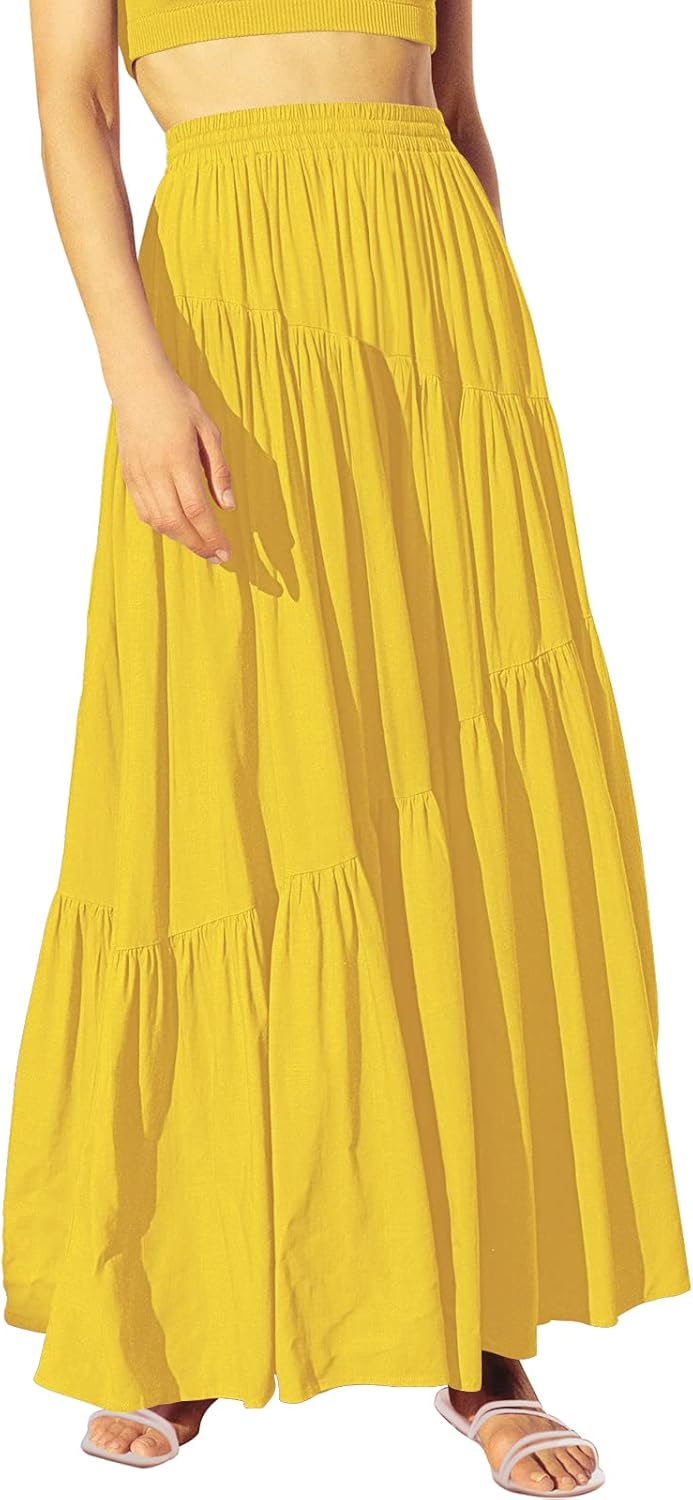 Women’s Boho Elastic High Waist Pleated A-Line Flowy Swing Asymmetric Tiered Maxi Long Skirt Dress with Pockets