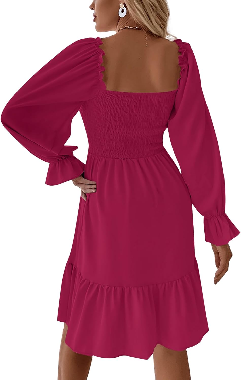 Women's Square Neck Lantern Long Sleeve Ruffle Shirred Flowy Party Mini Dress