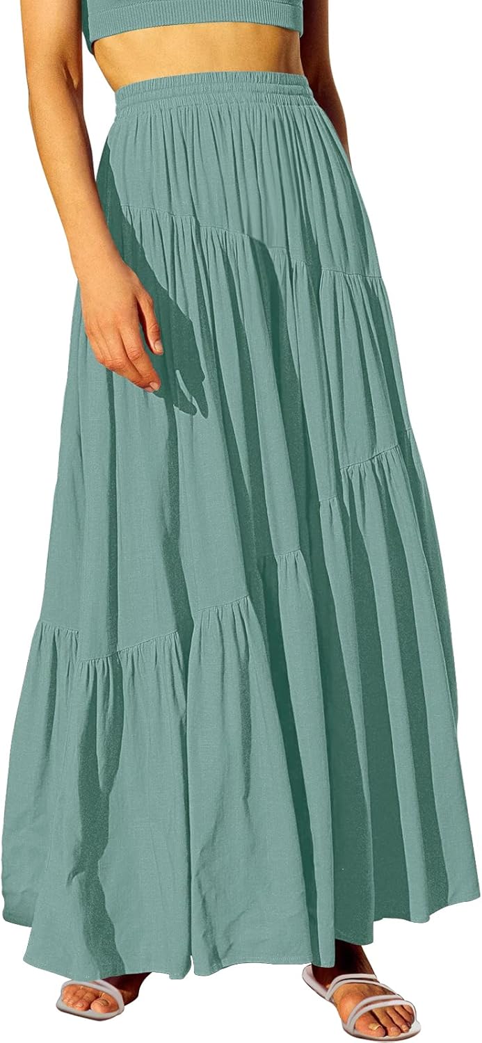 Women’s Boho Elastic High Waist Pleated A-Line Flowy Swing Asymmetric Tiered Maxi Long Skirt Dress with Pockets