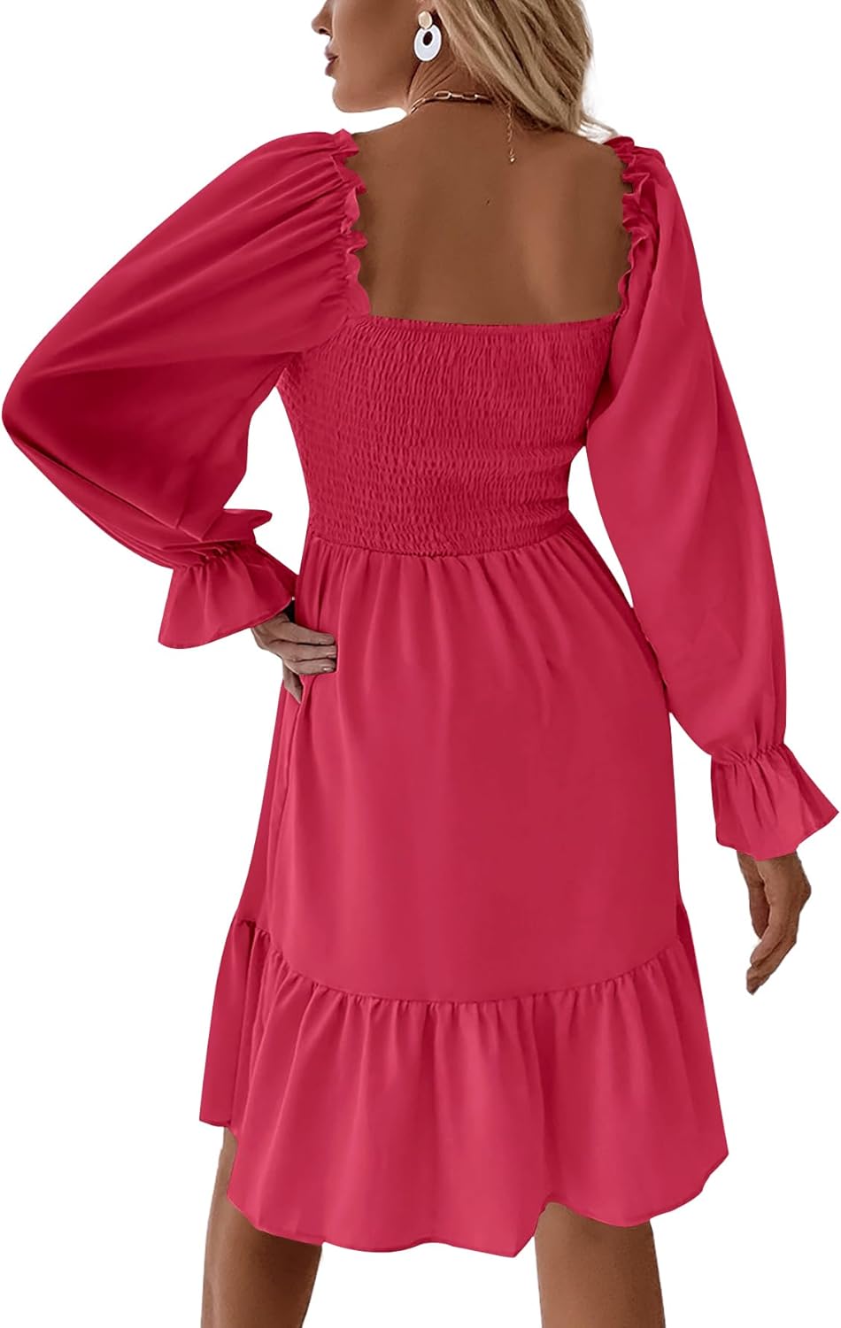 Women's Square Neck Lantern Long Sleeve Ruffle Shirred Flowy Party Mini Dress
