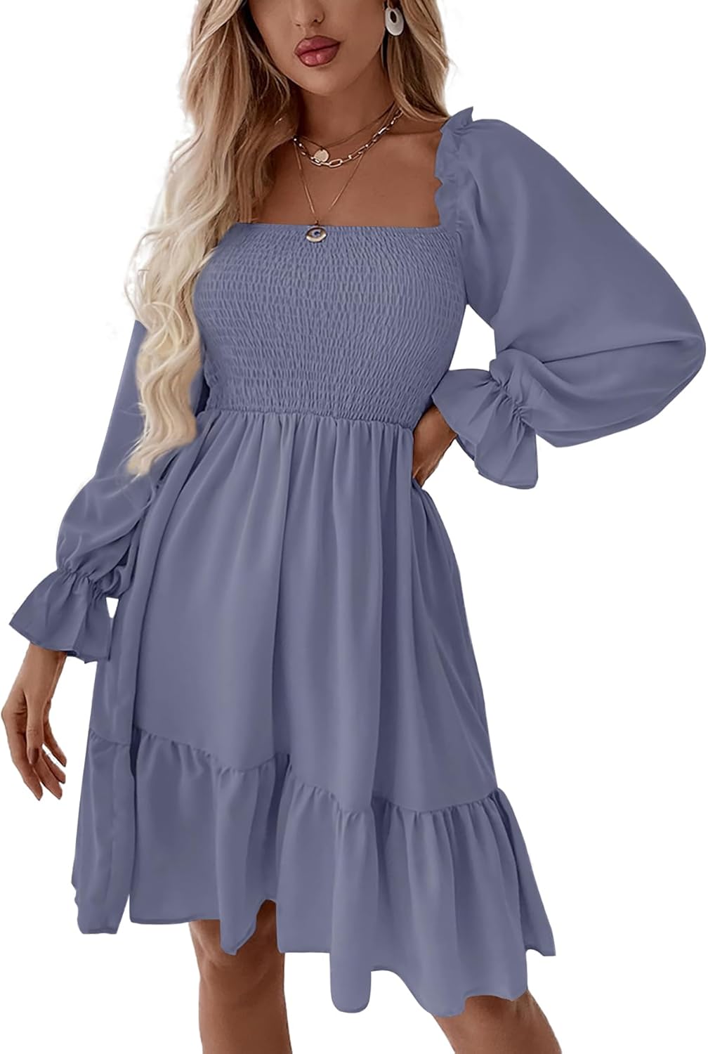 Women's Square Neck Lantern Long Sleeve Ruffle Shirred Flowy Party Mini Dress