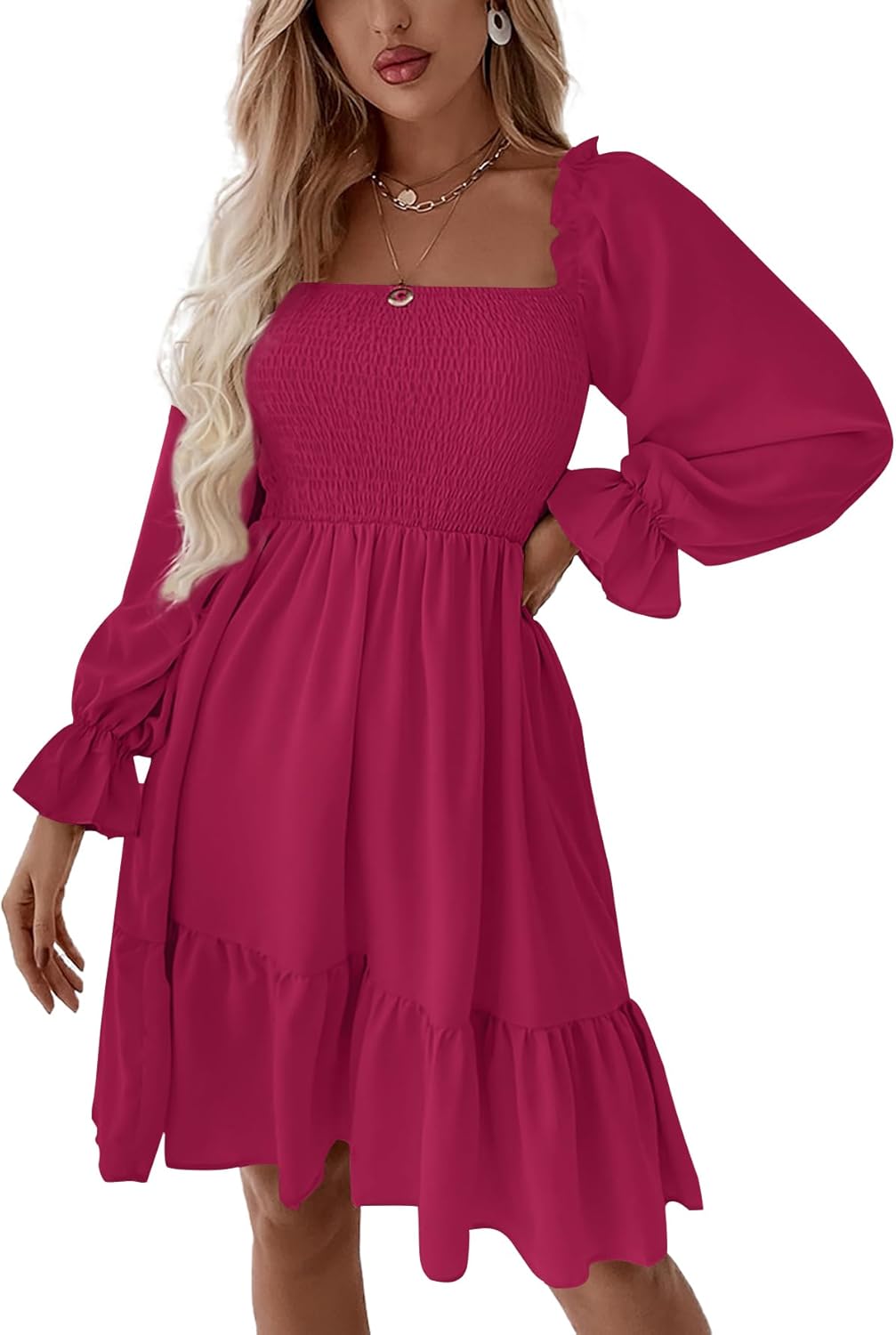 Women's Square Neck Lantern Long Sleeve Ruffle Shirred Flowy Party Mini Dress