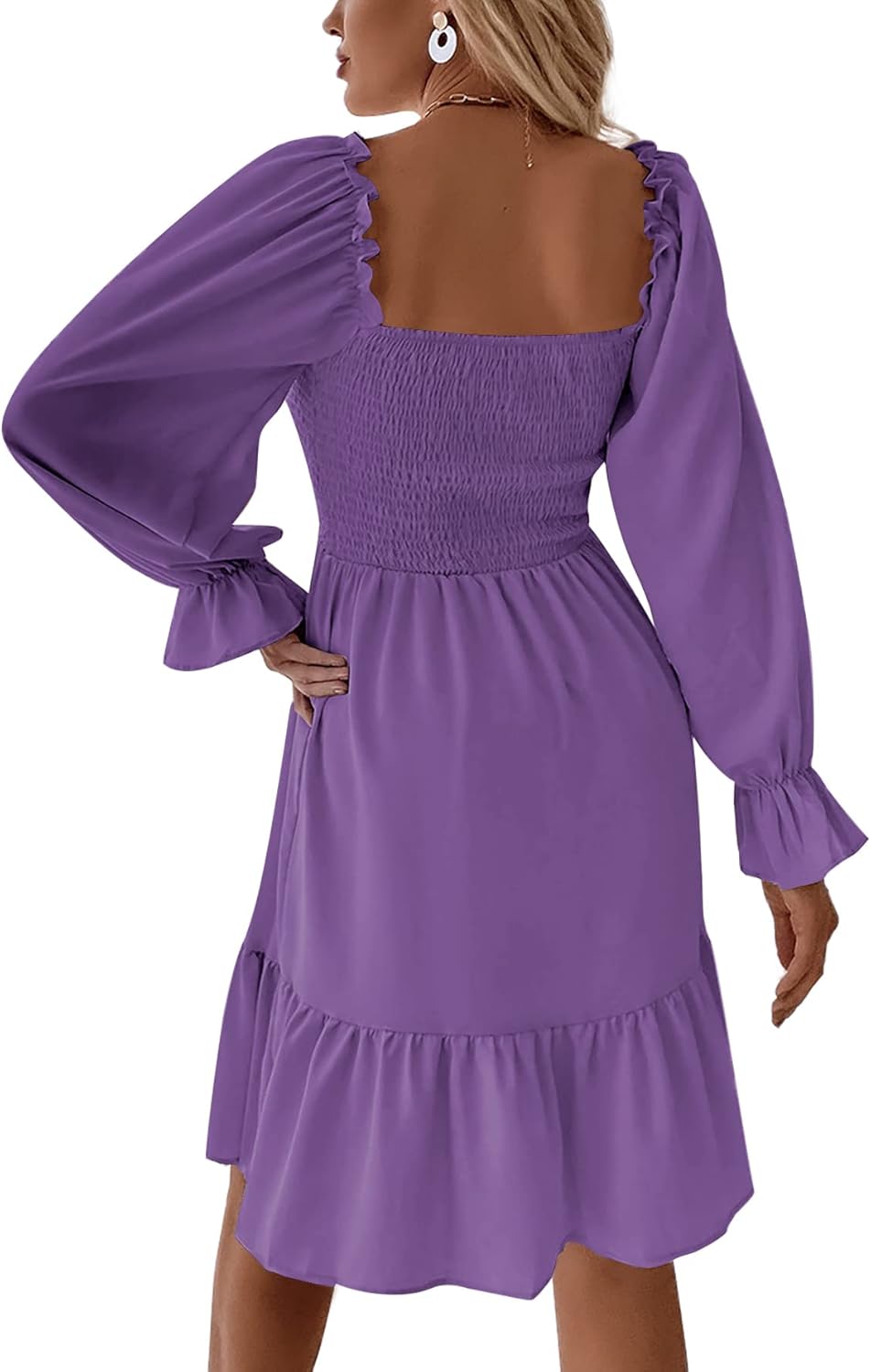 Women's Square Neck Lantern Long Sleeve Ruffle Shirred Flowy Party Mini Dress