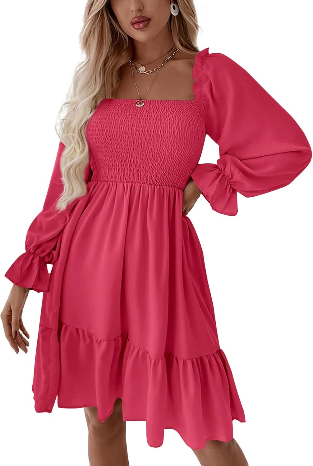 Women's Square Neck Lantern Long Sleeve Ruffle Shirred Flowy Party Mini Dress
