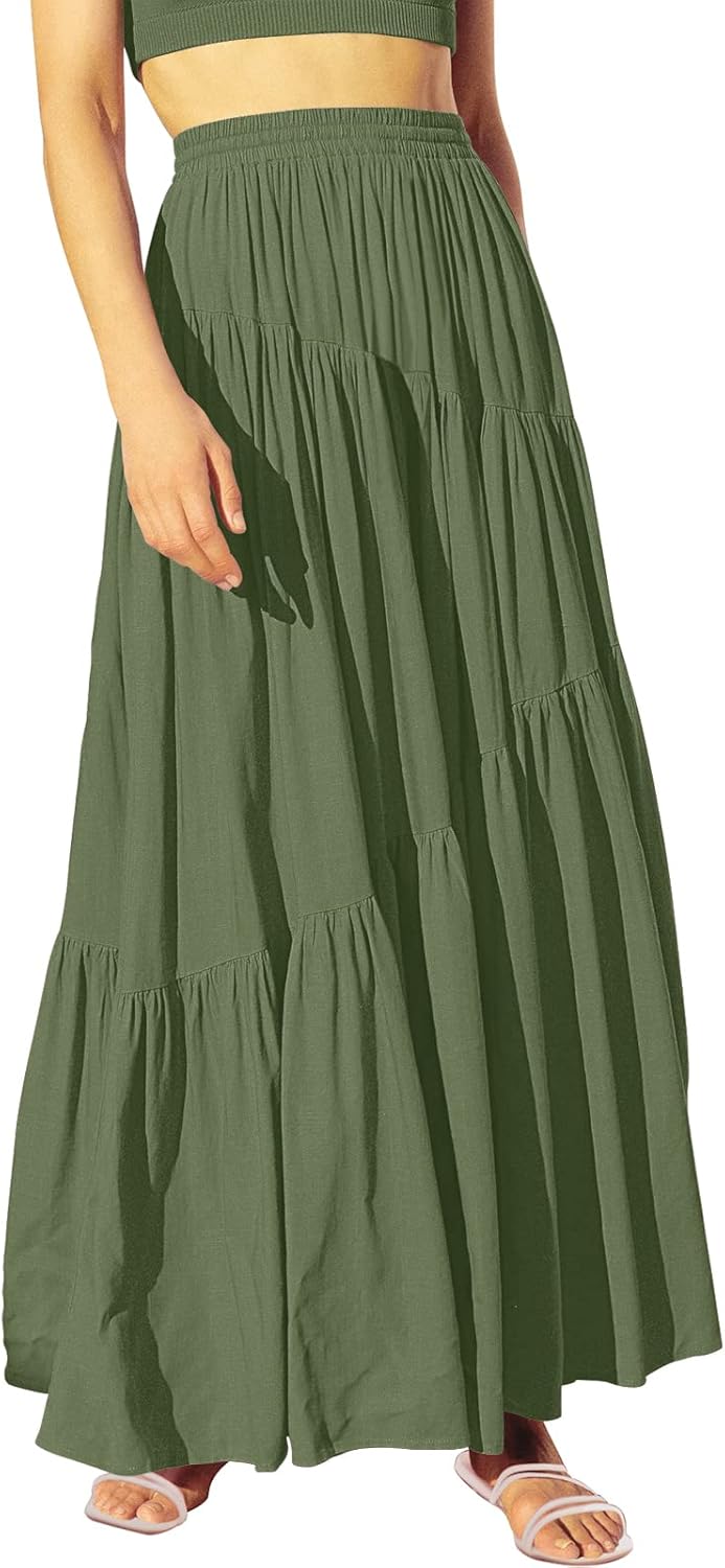 Women’s Boho Elastic High Waist Pleated A-Line Flowy Swing Asymmetric Tiered Maxi Long Skirt Dress with Pockets