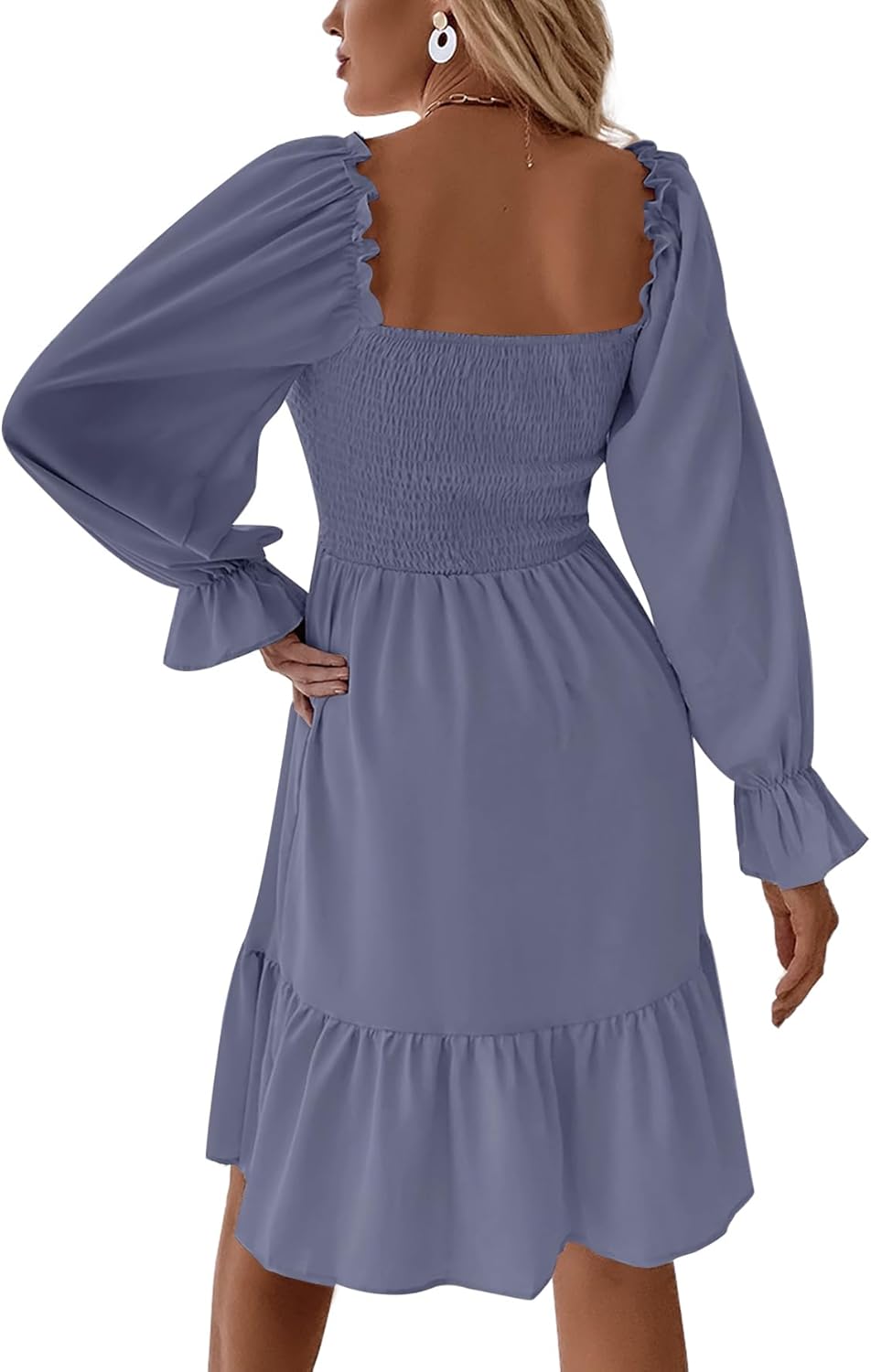 Women's Square Neck Lantern Long Sleeve Ruffle Shirred Flowy Party Mini Dress