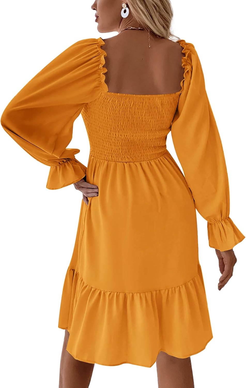 Women's Square Neck Lantern Long Sleeve Ruffle Shirred Flowy Party Mini Dress