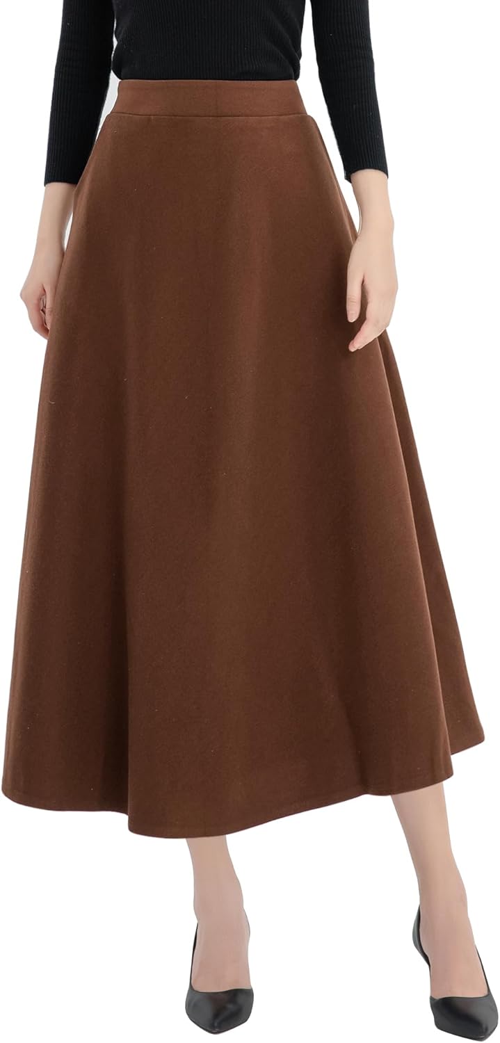 Women's Plaid Wool Skirts Elastic Waist A-Line Pleated Tartan Long Skirts