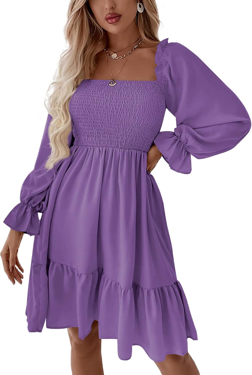 Women's Square Neck Lantern Long Sleeve Ruffle Shirred Flowy Party Mini Dress