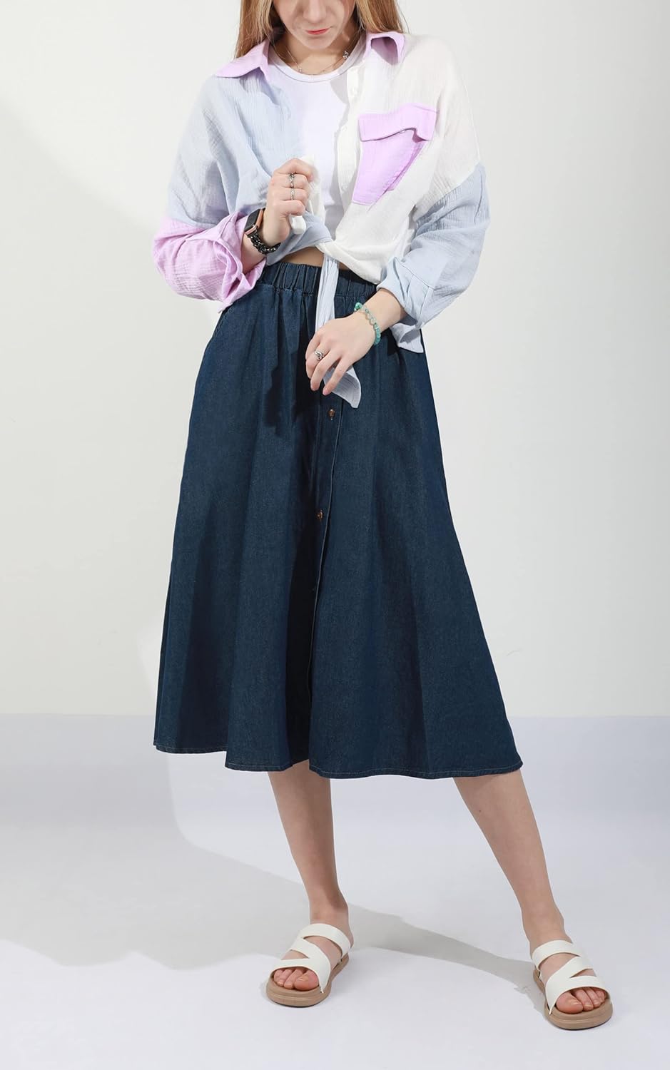 Women's Stretchy High Waist 5-Buttons Front A-Line Flowy Midi Skirts