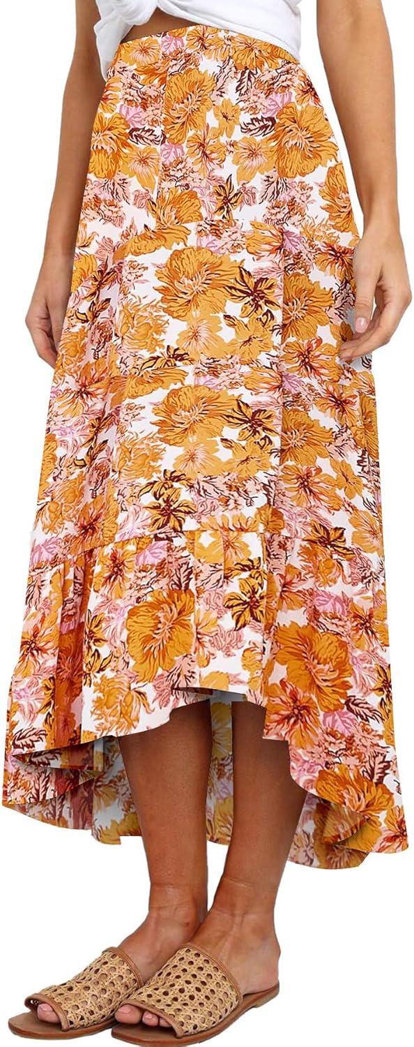 Women's Long Skirts Boho Floral Elastic High Waist Asymmetrical Hem Midi Skirt