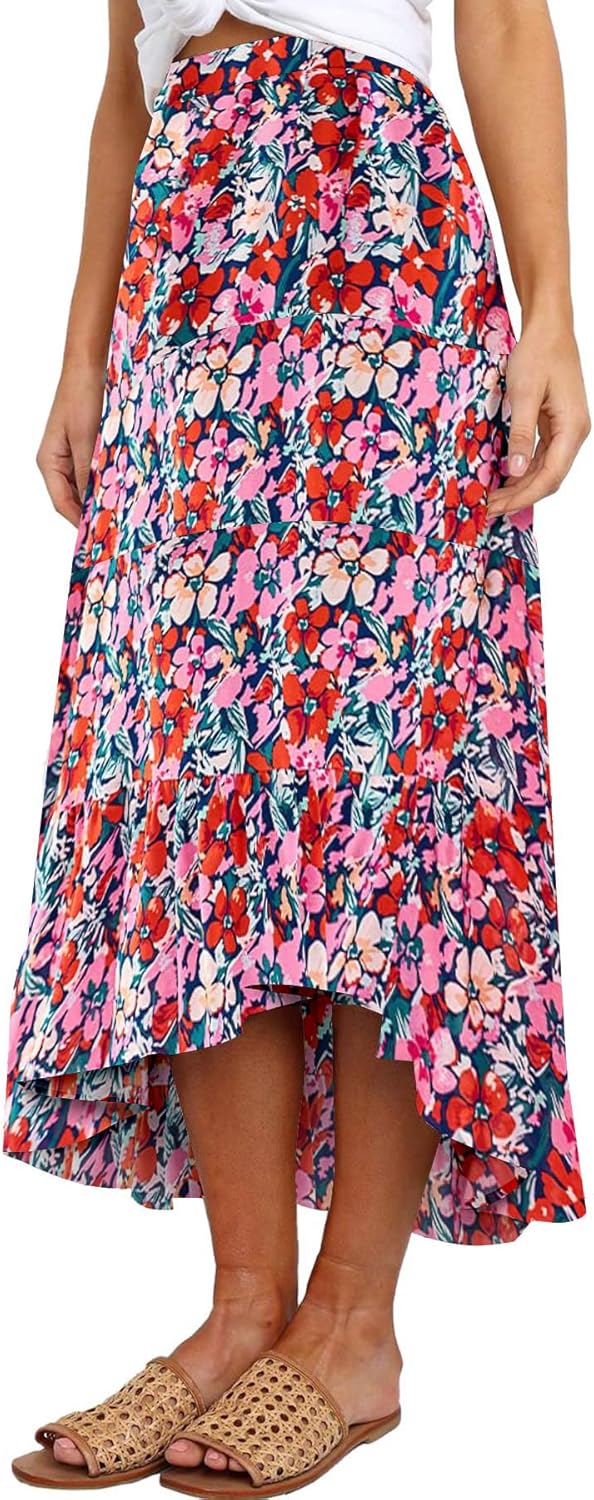 Women's Long Skirts Boho Floral Elastic High Waist Asymmetrical Hem Midi Skirt