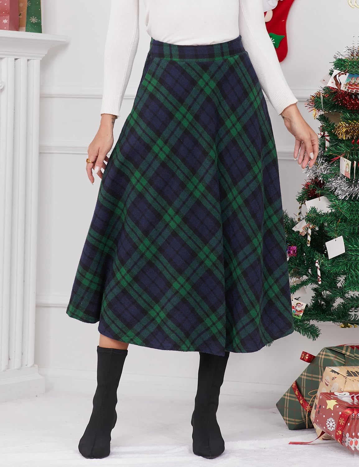 Women's Plaid Wool Skirts Elastic Waist A-Line Pleated Tartan Long Skirts