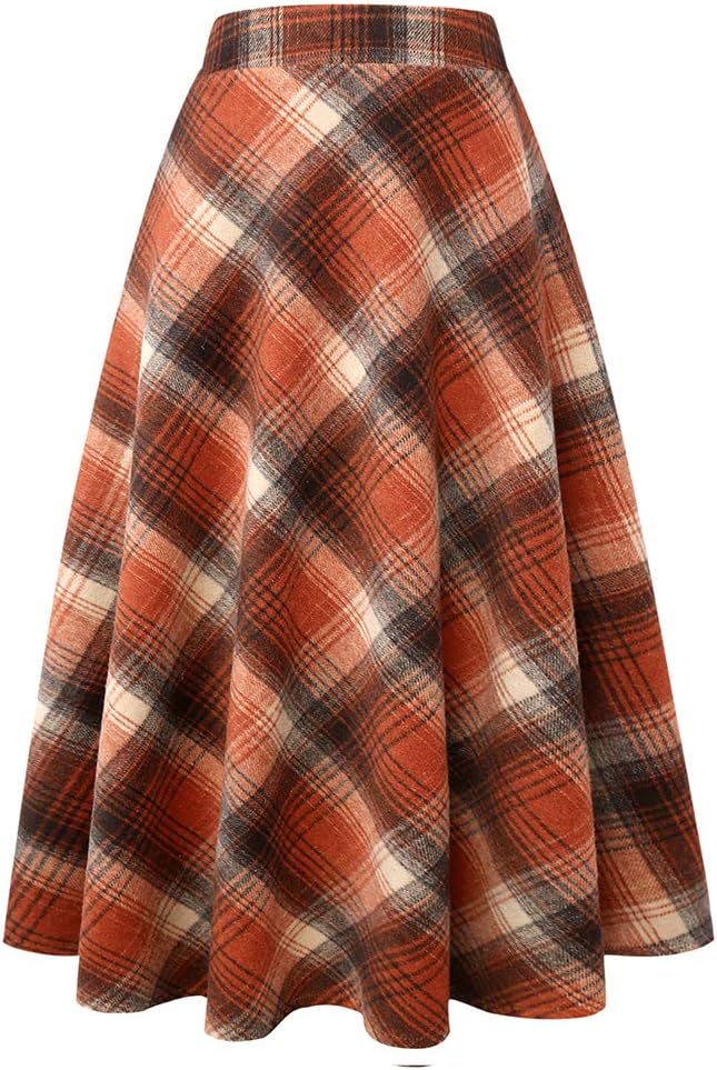 Women's Plaid Wool Skirts Elastic Waist A-Line Pleated Tartan Long Skirts