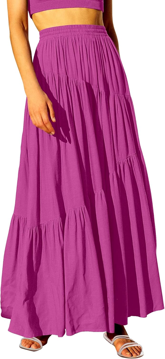 Women’s Boho Elastic High Waist Pleated A-Line Flowy Swing Asymmetric Tiered Maxi Long Skirt Dress with Pockets