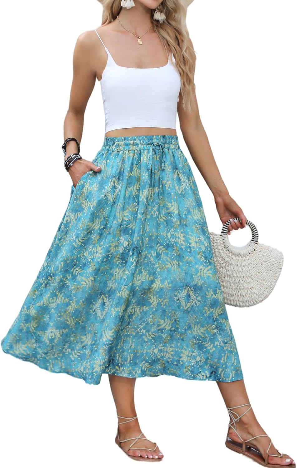 Maxi Skirts for Women with Pockets Long Midi Length Casual Skirt for Beach Party Holiday