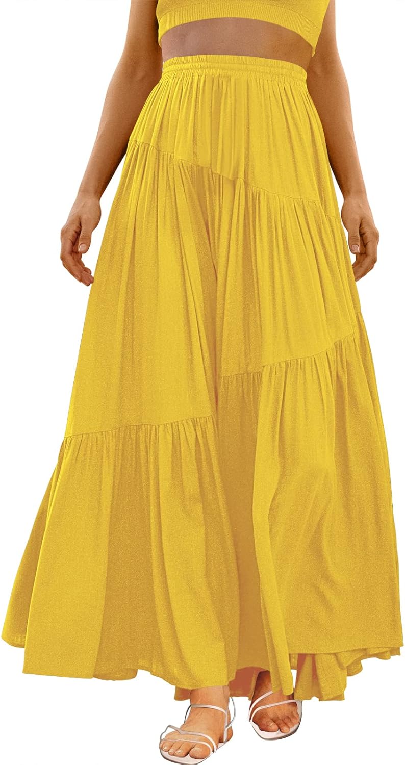 Women’s Boho Elastic High Waist Pleated A-Line Flowy Swing Asymmetric Tiered Maxi Long Skirt Dress with Pockets
