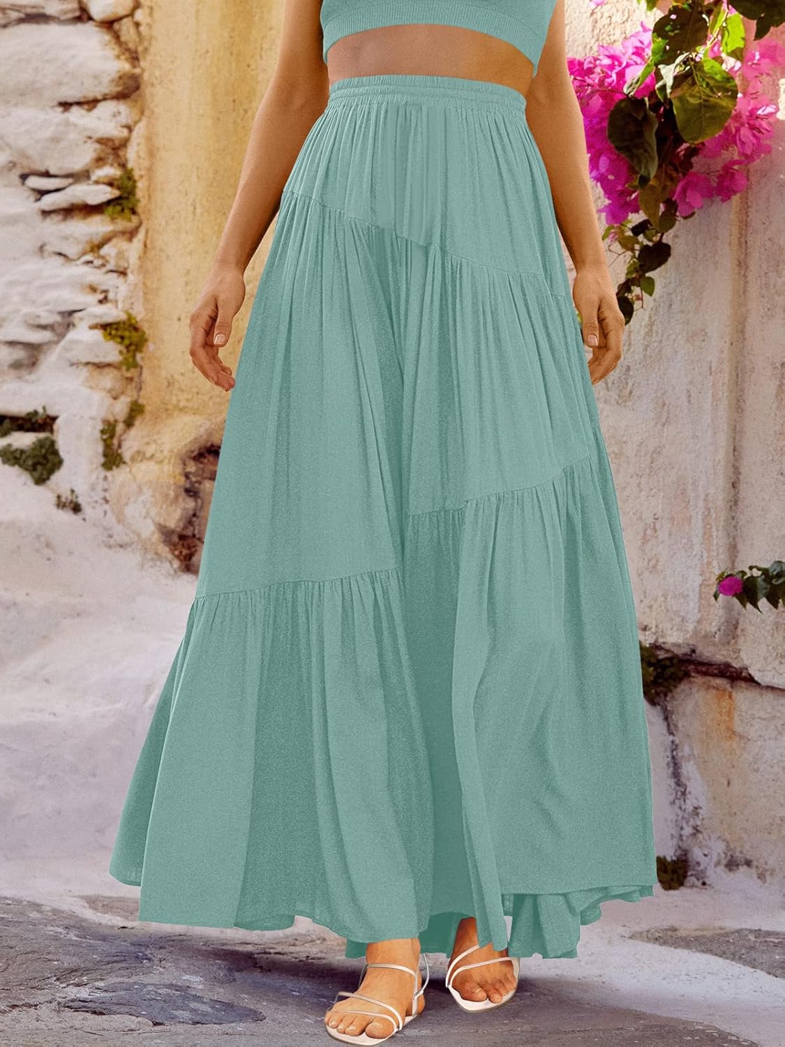 Women’s Boho Elastic High Waist Pleated A-Line Flowy Swing Asymmetric Tiered Maxi Long Skirt Dress with Pockets