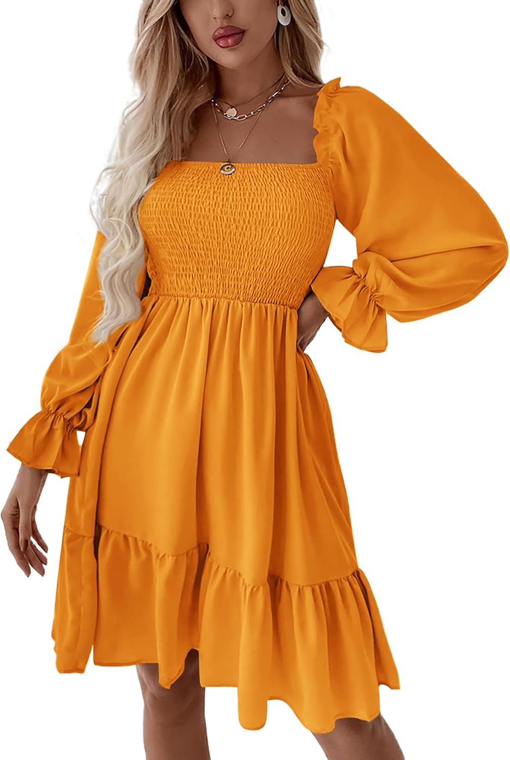 Women's Square Neck Lantern Long Sleeve Ruffle Shirred Flowy Party Mini Dress