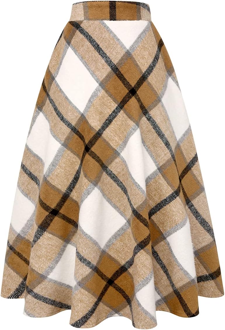 Women's Plaid Wool Skirts Elastic Waist A-Line Pleated Tartan Long Skirts