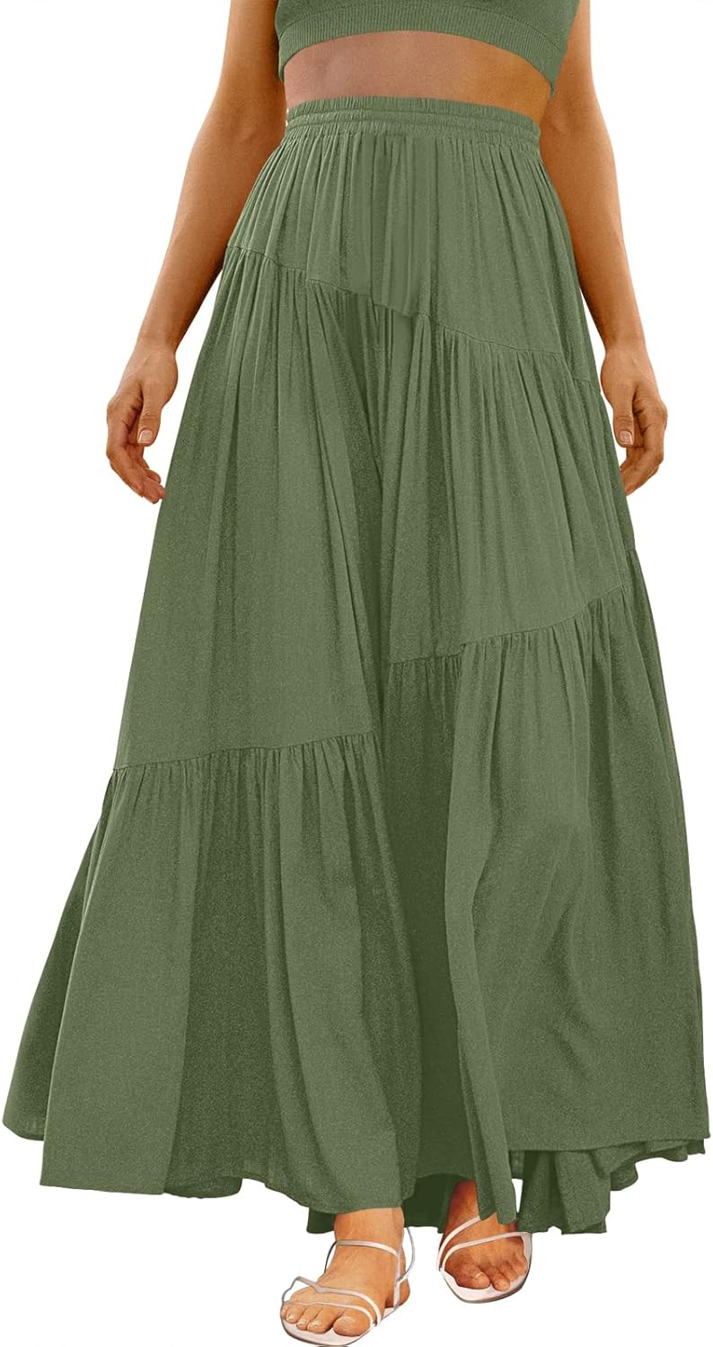 Women’s Boho Elastic High Waist Pleated A-Line Flowy Swing Asymmetric Tiered Maxi Long Skirt Dress with Pockets