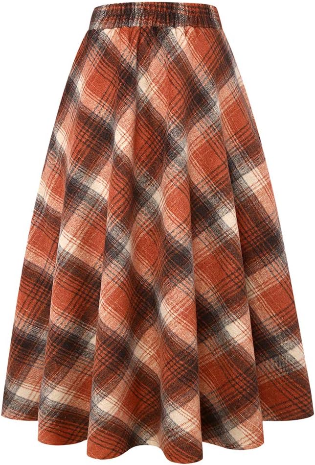 Women's Plaid Wool Skirts Elastic Waist A-Line Pleated Tartan Long Skirts