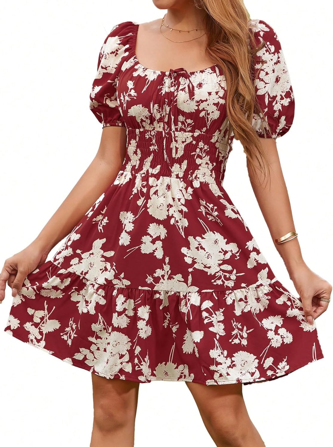 Women's Boho Square Neck Puff Short Sleeve Self Tie Front A Line Dress