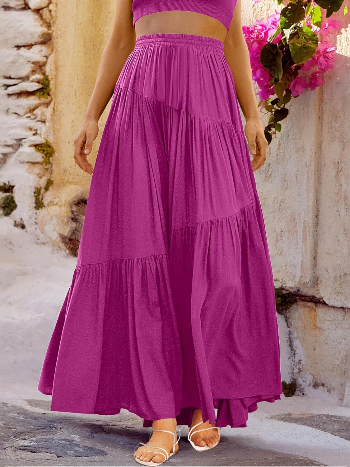 Women’s Boho Elastic High Waist Pleated A-Line Flowy Swing Asymmetric Tiered Maxi Long Skirt Dress with Pockets