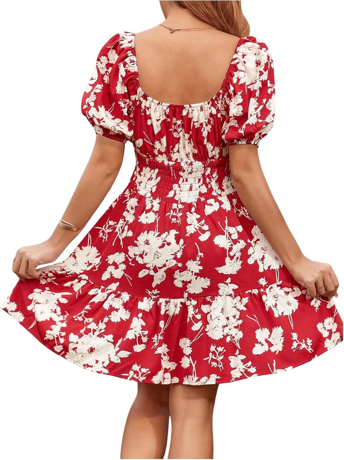 Women's Boho Square Neck Puff Short Sleeve Self Tie Front A Line Dress