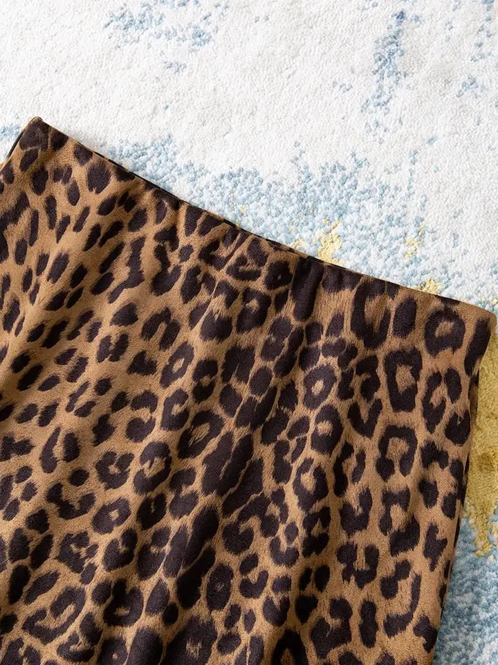 SK81Y Autumn Suede-Like Leopard High Waist A-Line Midi Skirt
